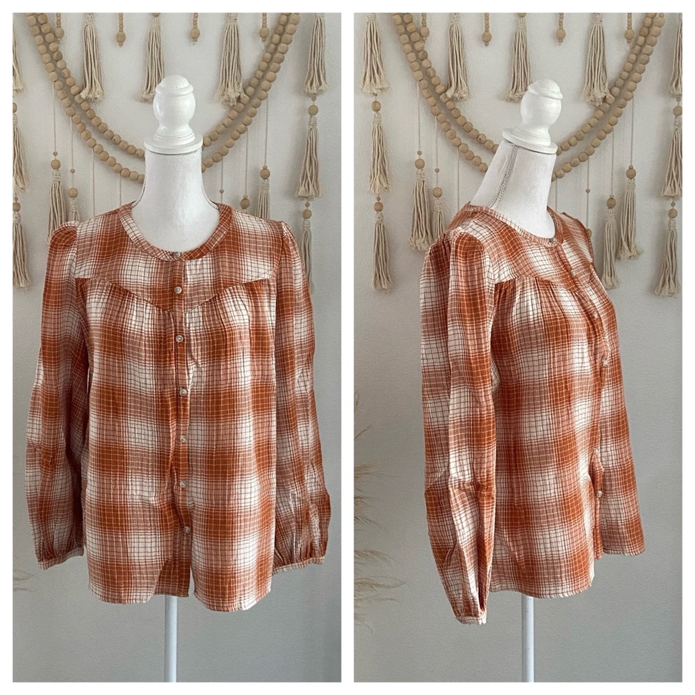 Universal Thread copper brown gauze plaid top puff sleeve cottage core large